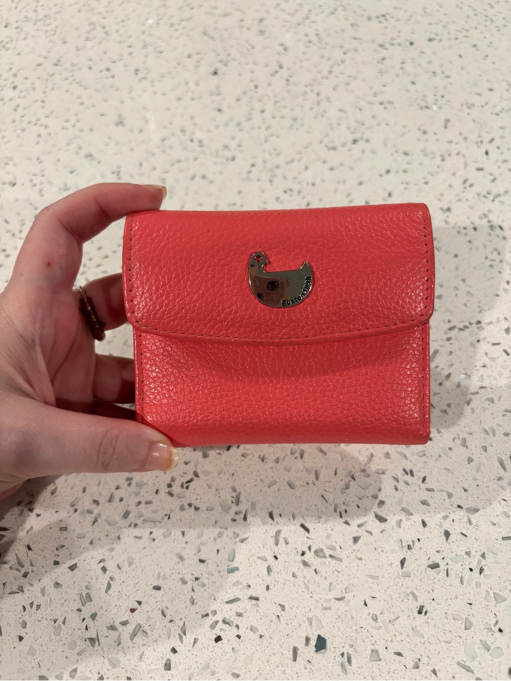 Buxton Coral Leather Mini Tri-Fold Wallet with Duck Logo